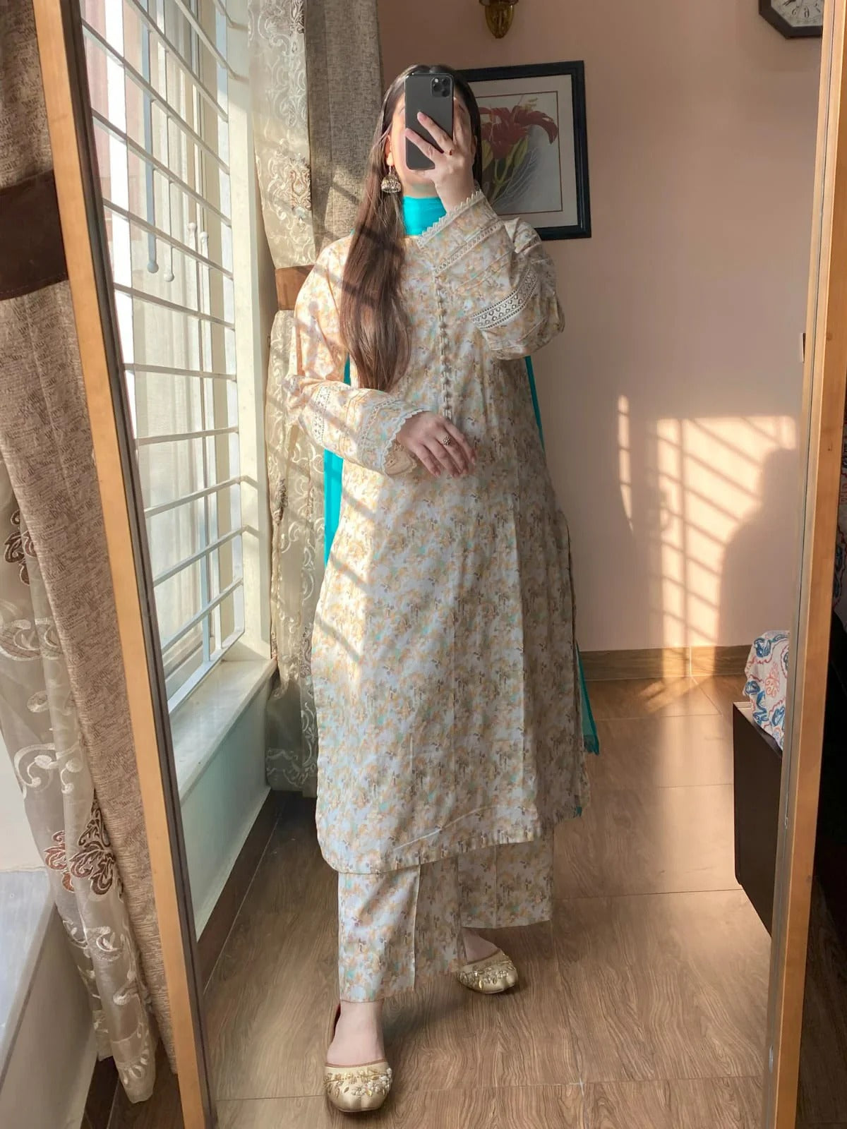 Premium Cambric Printed Neck Button Detailing