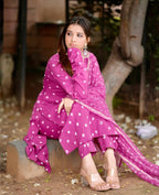 Pink Bandhani Handblock A-line Kurti Set