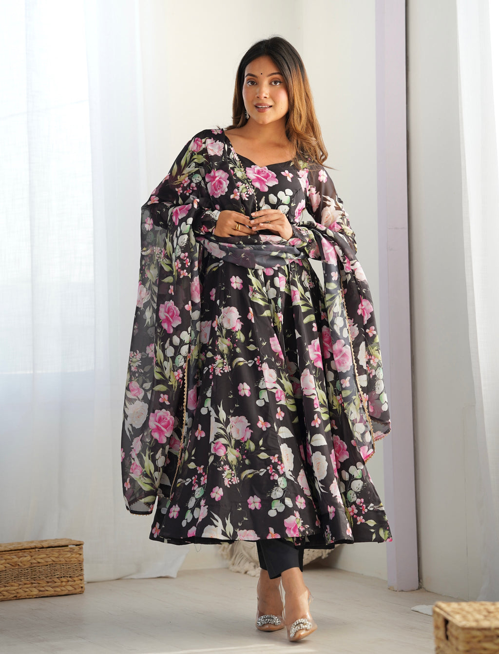 Attractive Soft Black Color Flared Gown For Party