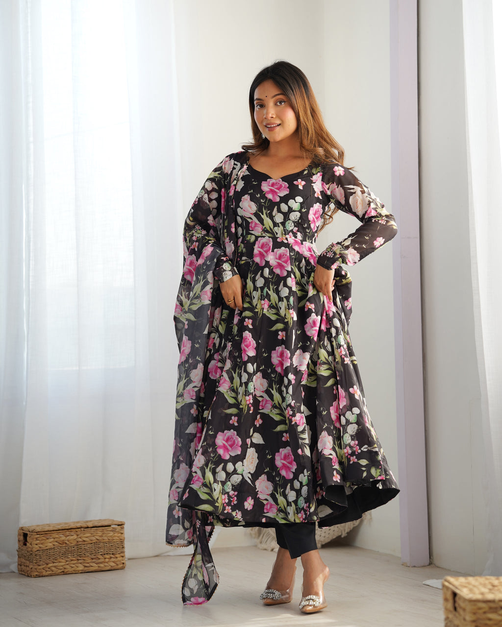 Attractive Soft Black Color Flared Gown For Party