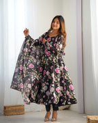 Attractive Soft Black Color Flared Gown For Party