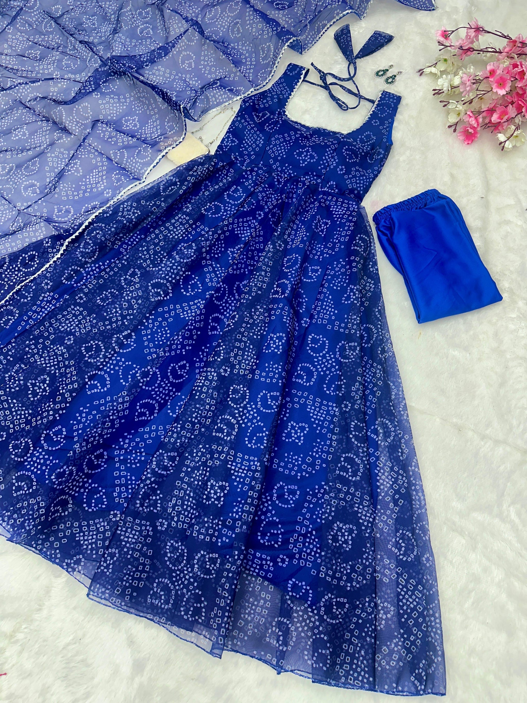 Adorning Blue Color Heavy Badhani Work Gown