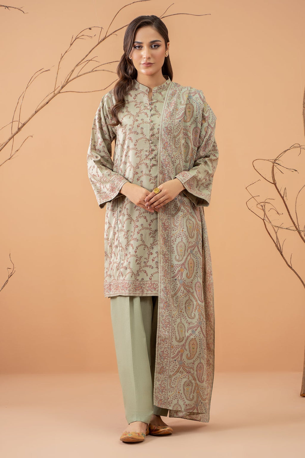 Beige Faux Cotton Embroidery Work Long Salwar Suits