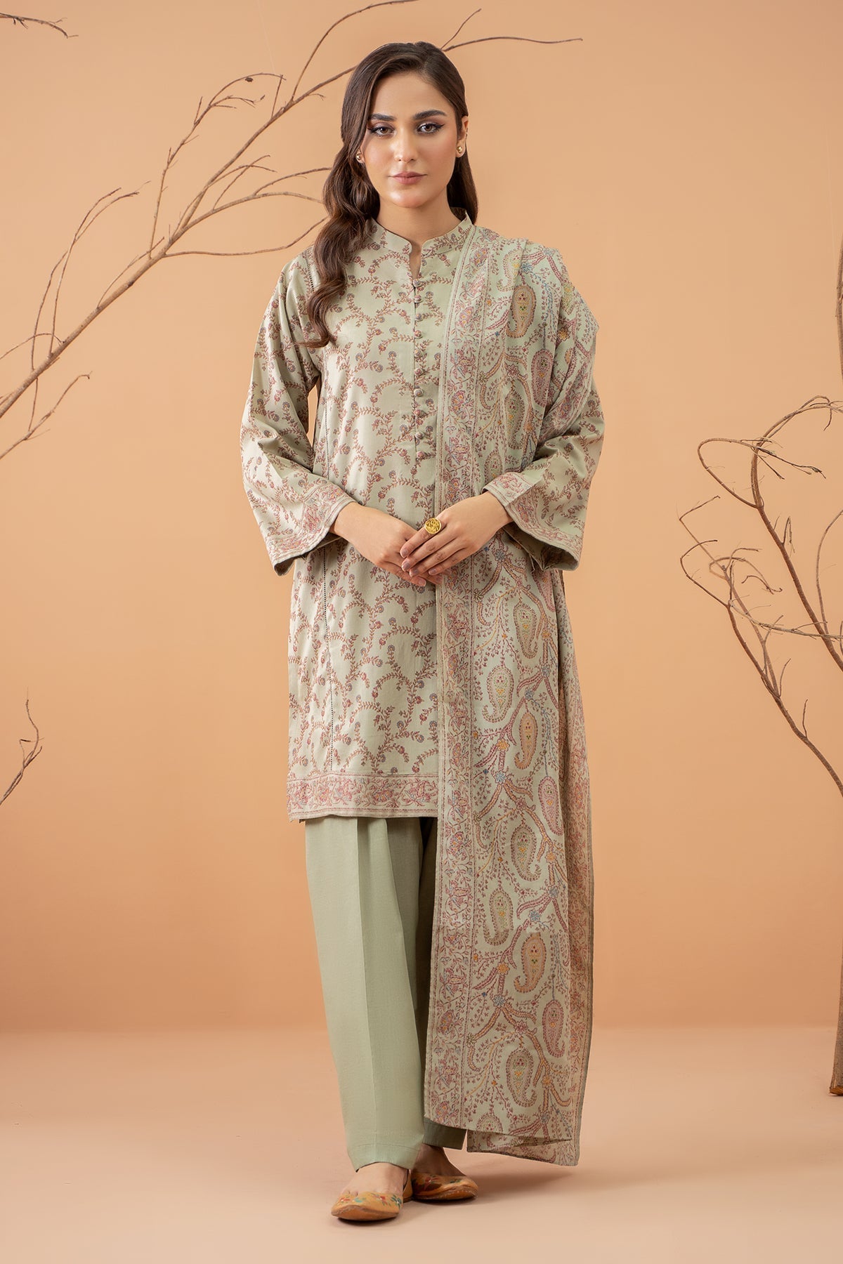 Beige Faux Cotton Embroidery Work Long Salwar Suits