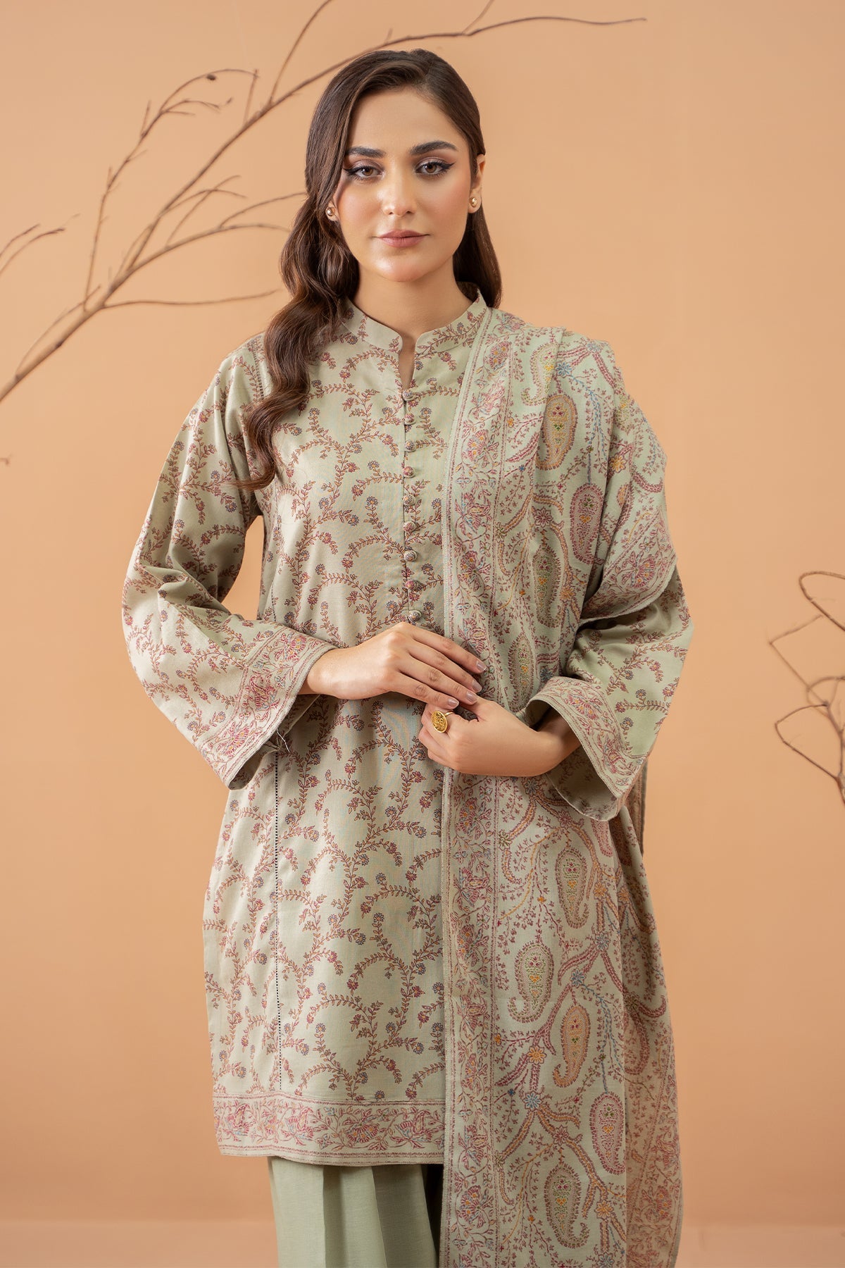 Beige Faux Cotton Embroidery Work Long Salwar Suits
