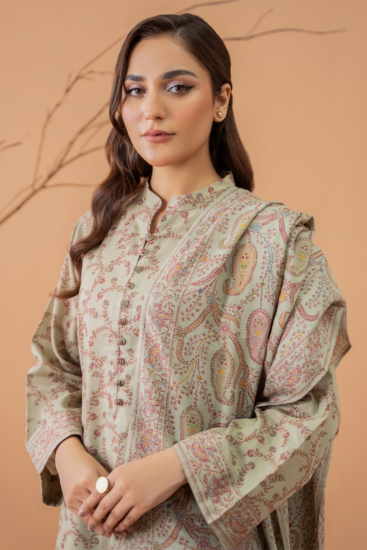 Beige Faux Cotton Embroidery Work Long Salwar Suits