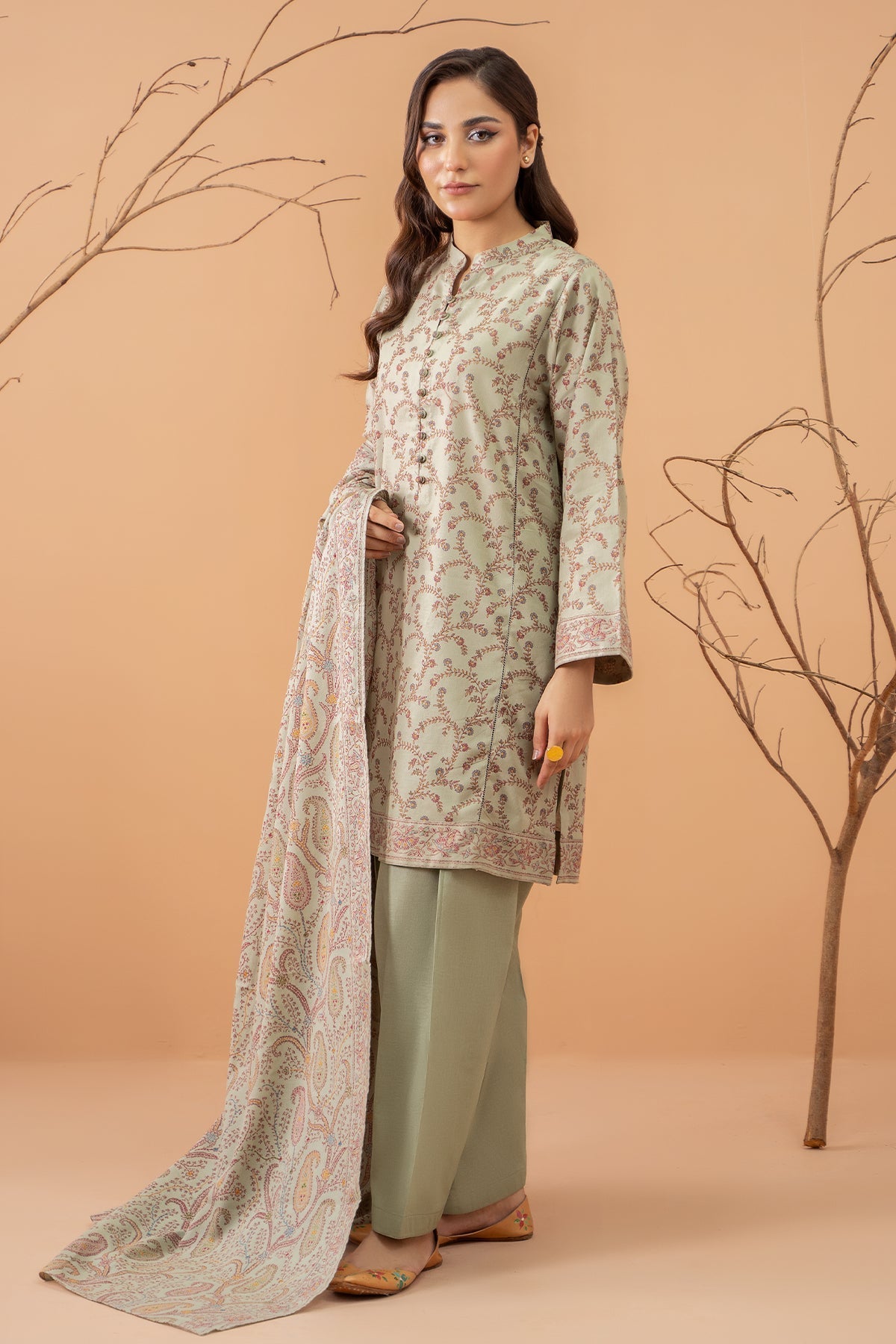 Beige Faux Cotton Embroidery Work Long Salwar Suits