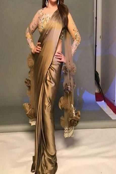 Golden Color Party Wear Satin Ruffle Saree SY 5334