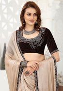 Brown Striped Embroidered Pure Chiffon Saree for woven