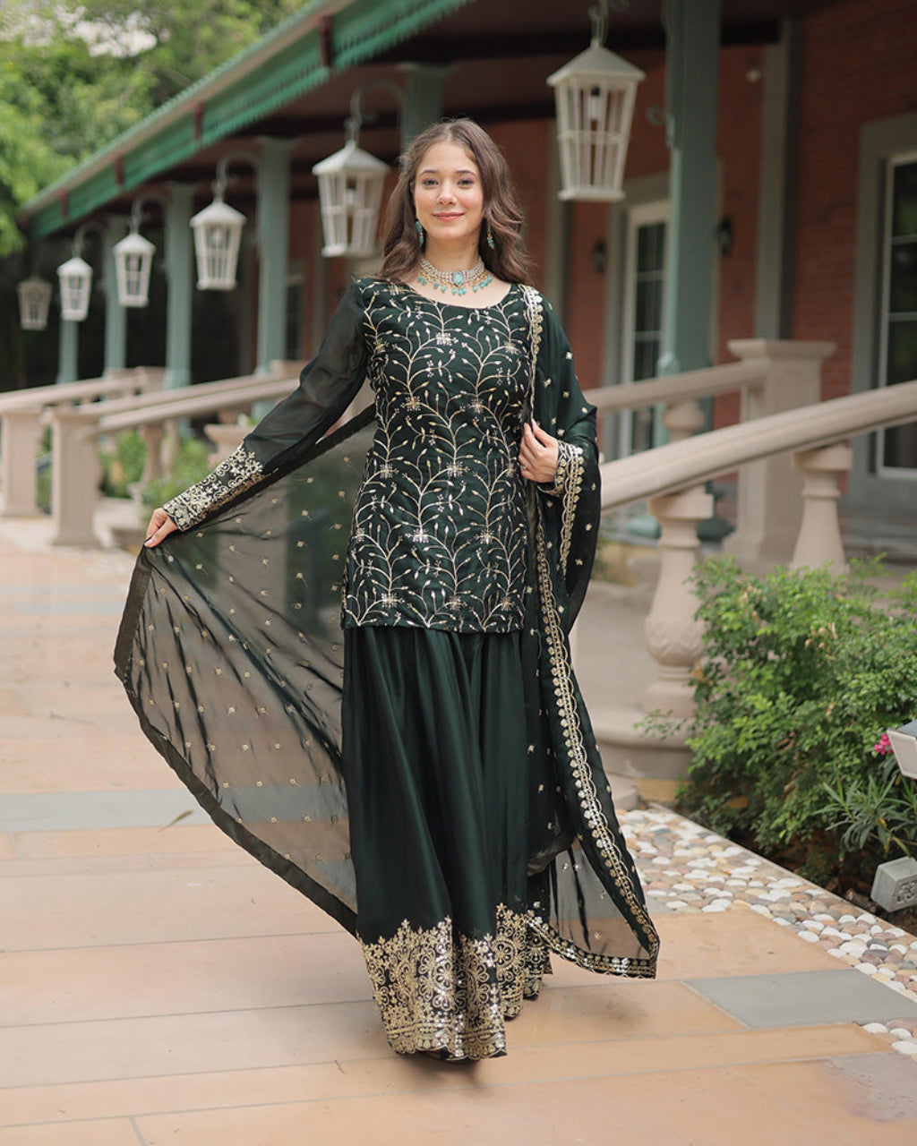 Bottle Green Color Gown Sarara For Girls