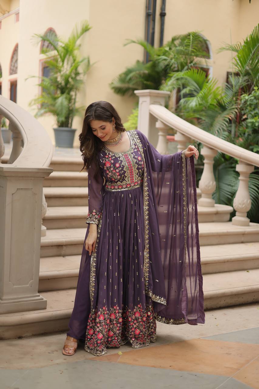 Purple Color Designer Heavy Work Gown For Women
