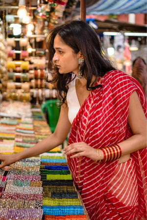 Exceptional Leheriya Red striped Kota hand block printed saree