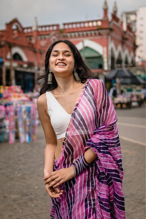 Exceptional Leheriya Purple with black striped Kota hand made printed saree