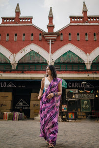 Exceptional Leheriya Purple with black striped Kota hand made printed saree