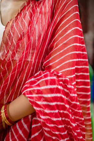 Exceptional Leheriya Red striped Kota hand block printed saree