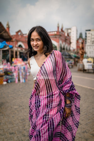 Exceptional Leheriya Purple with black striped Kota hand made printed saree