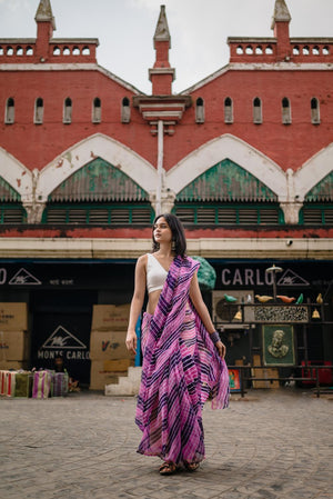 Exceptional Leheriya Purple with black striped Kota hand made printed saree