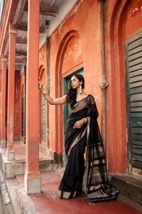 Exciting Black Color Poly Silk Printed Jacquard Saree For woven