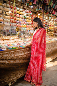 Exceptional Leheriya Red striped Kota hand block printed saree