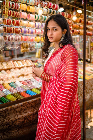 Exceptional Leheriya Red striped Kota hand block printed saree