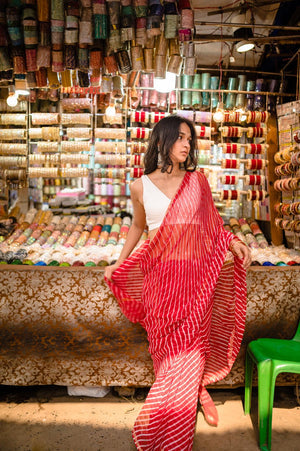 Exceptional Leheriya Red striped Kota hand block printed saree