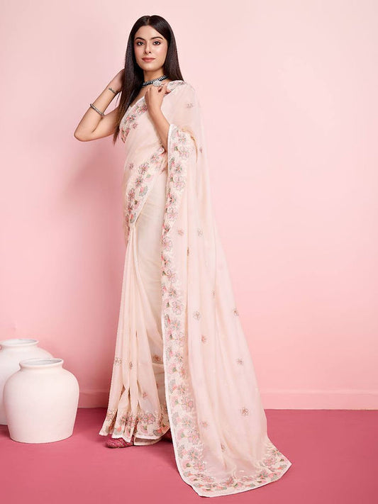 Designer Saree for Wedding Reception in White Tabby Organza With Embroidery for woven