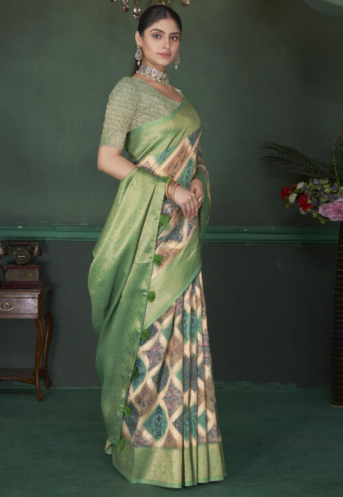 Woven With Floral Digital Printed Cotton Saree