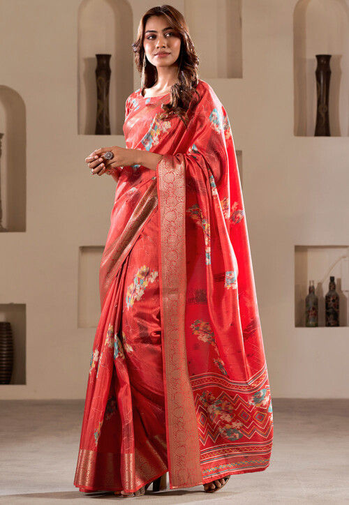 coral Zari Woven Pure Printed Silk Saree With Golden Border for woven