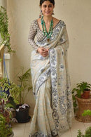 Silk Fabric Cream Color Embroidered Cotton Linen Printed Sarees for woven