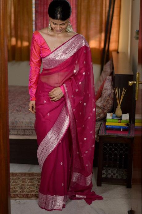 Silk Fabric Weaving Jaqcaurd Work Designer Pink Saree for partywear