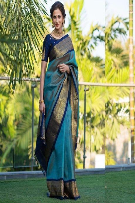 Geometric Woven Design Zari Art Silk Kanjeevaram Saree for traditional partywear