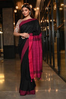 Black Color Hand Loom pure Cotton Designer Machine Print Saree for woven