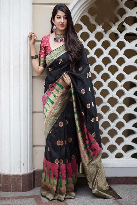 Optimum Turquoise Linen Printed Saree With Black Color Hand Weaving Party wear