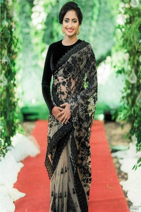 Party Wear Shining net black thread embroidered Work Saree for woven