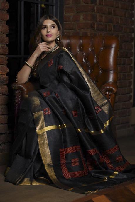 Handloom Printed Pure Tussar Silk Saree with Zari Border for traditional wear