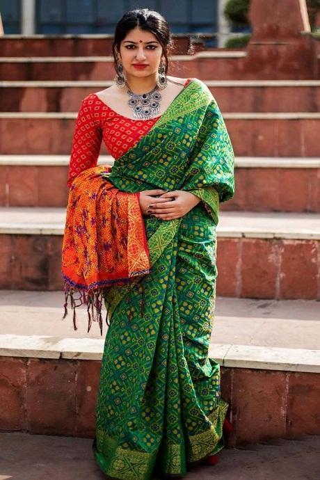 Luxowear Zari Green Colored Bandhani Silk Woven Wedding Wear saree