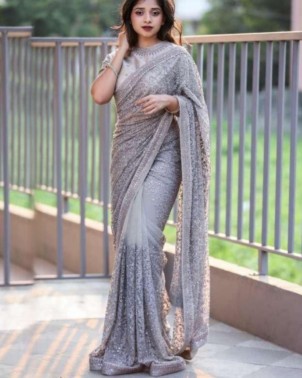 Gray Butterfly Mono Net Sequence Work Saree for festival special saree fore women