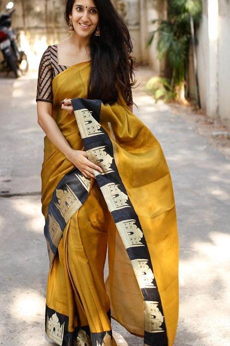 Mustard Silk Cotton Solid Paithani Kanchipuram Silk Wedding Saree with Golden Zari Accent