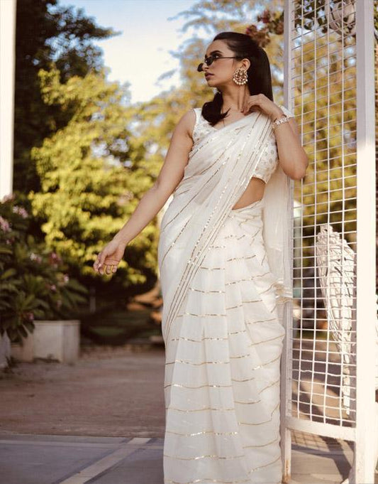 Attractive White Color One piece Pure Georgette Women Embellished Saree for party wear