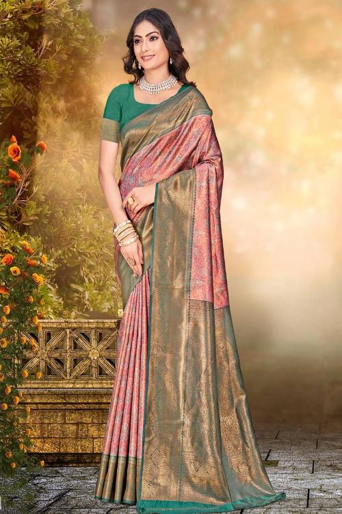 Silk Wedding Floral Banarasi Saree with Contrast Border Weaving work