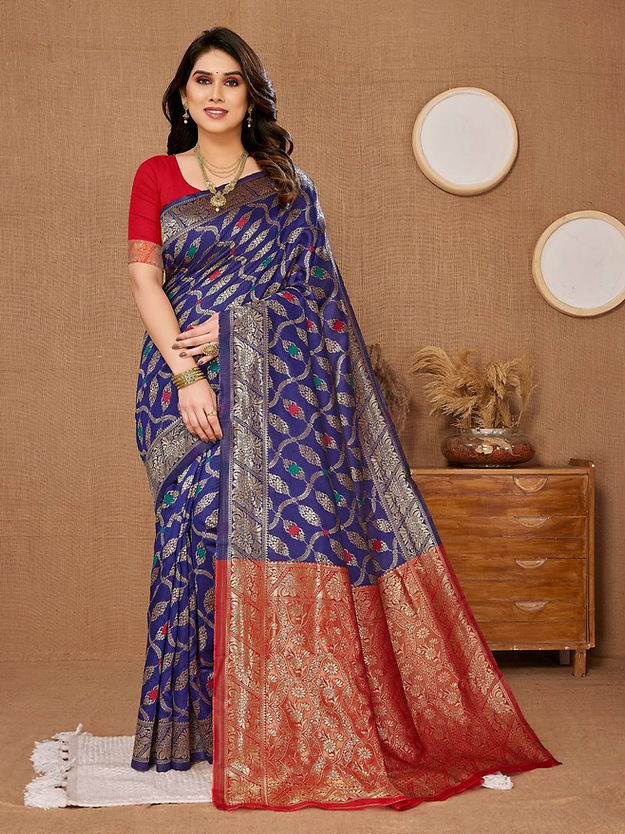 Weaved Thread Work in Dark Blue Zari Art Silk Saree With Blouse