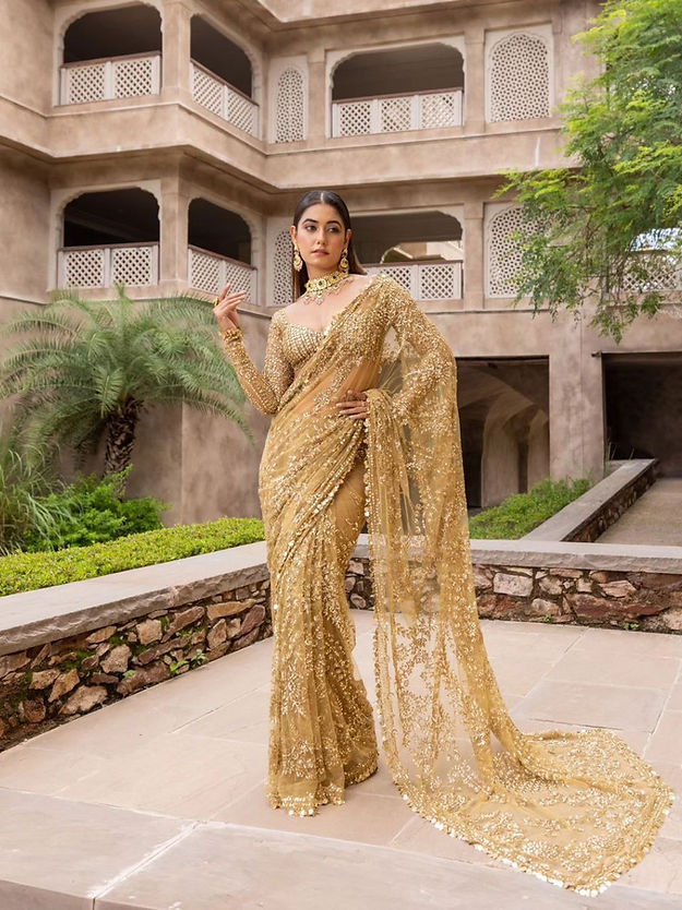 Designer Ethnic Pure Organza Silk Fancy  cream golden Saree for party wear collection