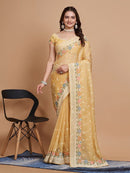 Creamy yellow Color Party Wear Hand Weaving Soft Cotton printed saree