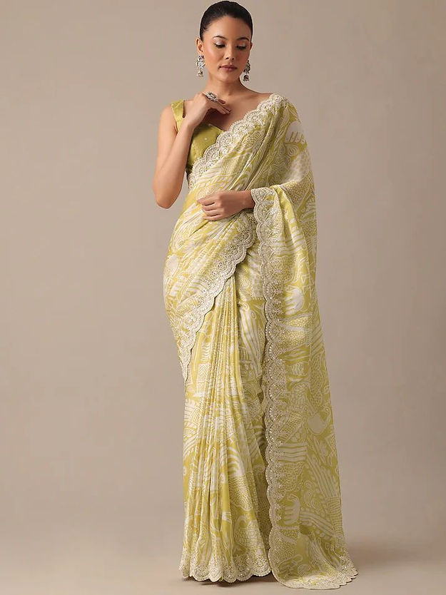 Designer Lime yellow Color Heavy Embroidery Work Saree for woven