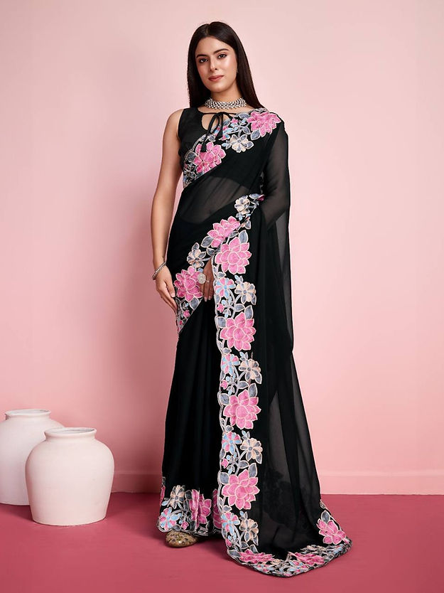 Georgette Embroidery Party Wear Black Organza Saree With Flora collection