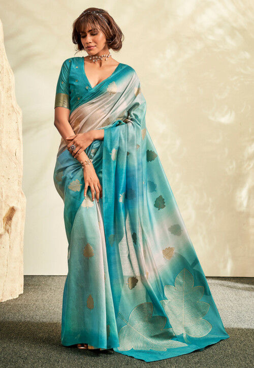 Blue And Golden Border Hand Work Soft DIGITAL PRINTED SAREE