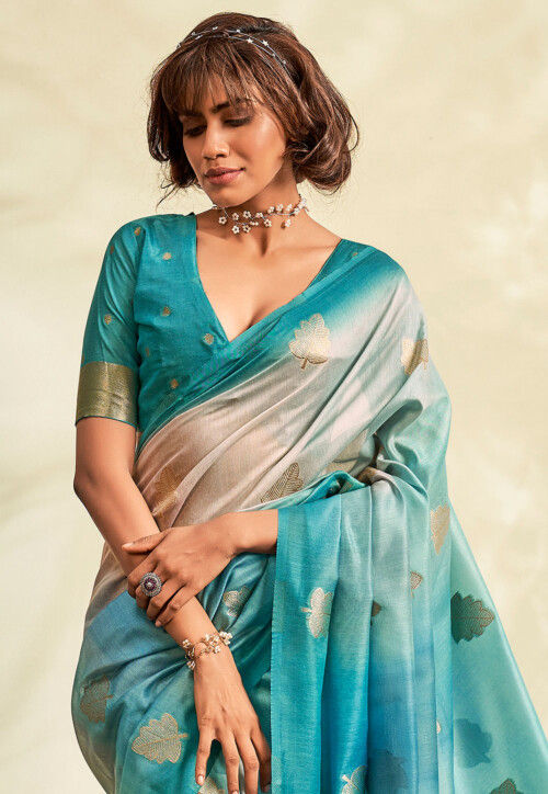 Blue And Golden Border Hand Work Soft DIGITAL PRINTED SAREE