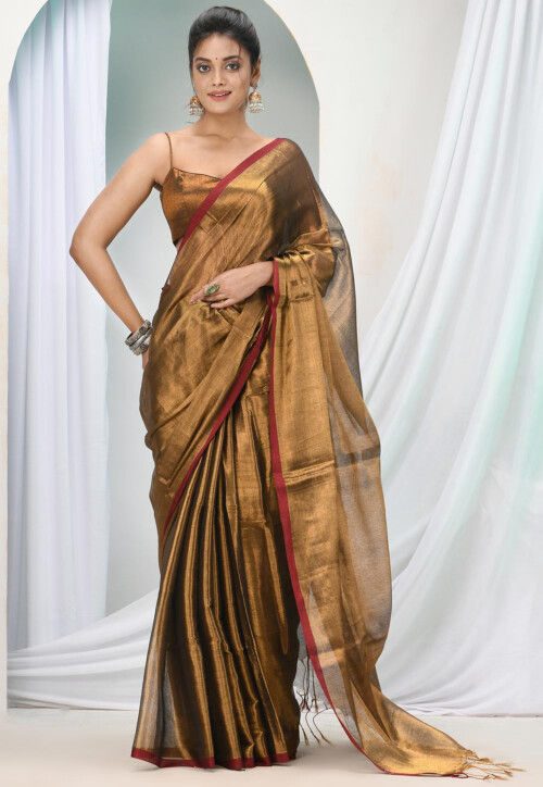 Copper Zari Cotton Handloom Tissue Saree in Dhoop Chaanv On Pallu Wrap for Ready To Wear