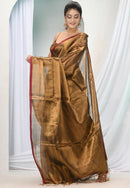 Copper Zari Cotton Handloom Tissue Saree in Dhoop Chaanv On Pallu Wrap for Ready To Wear