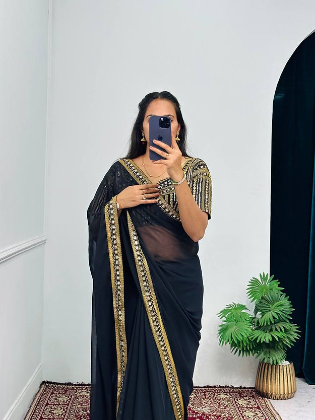 Designer One piece Black colored Silk Saree with golden work border  for causal wear